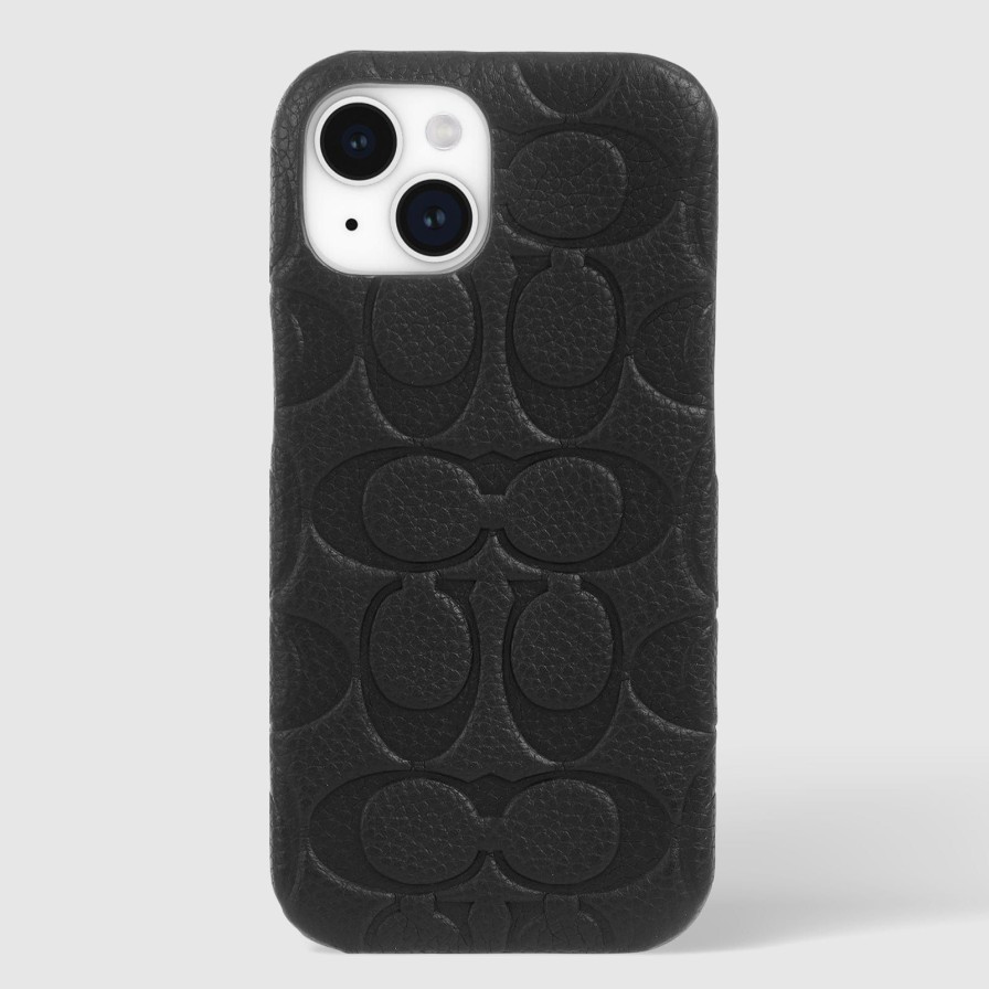 Phone Cases Case Mate Iphone 15 | Coach Leather Slim Wrap Signature Black Debossed