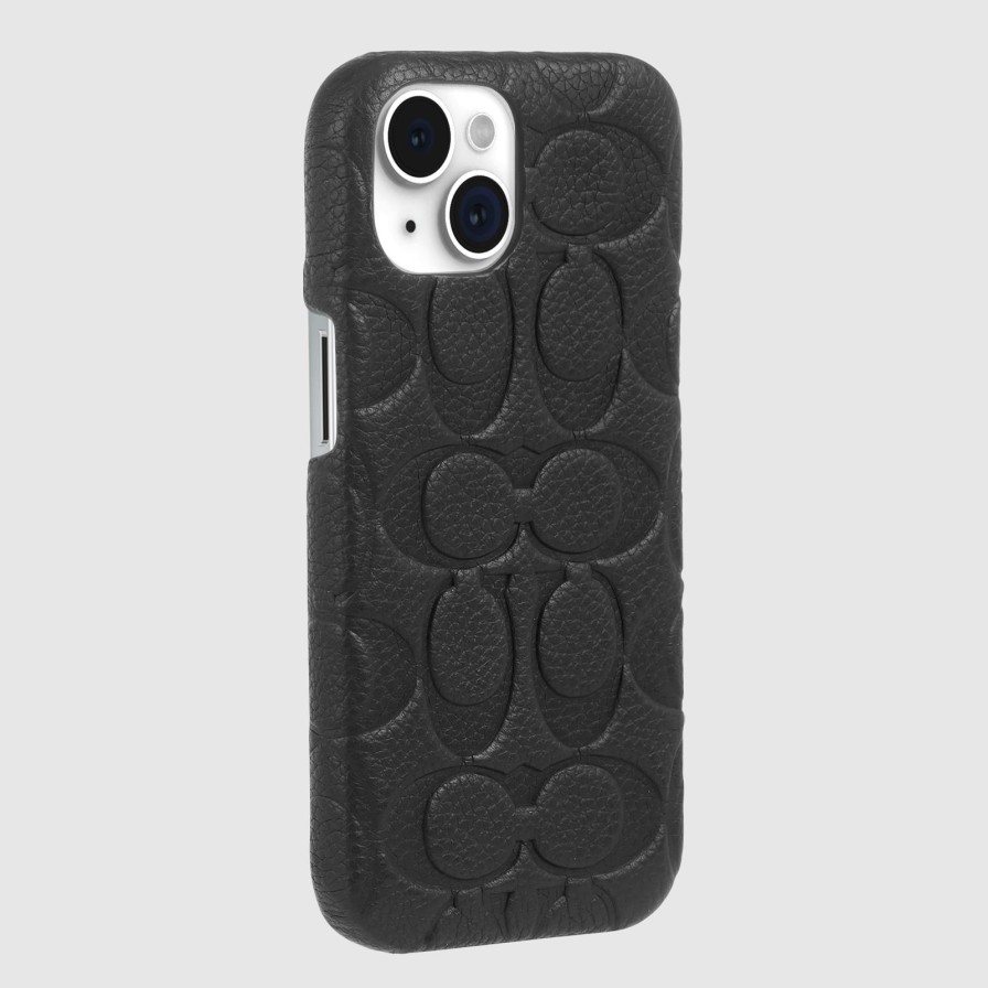 Phone Cases Case Mate Iphone 15 | Coach Leather Slim Wrap Signature Black Debossed